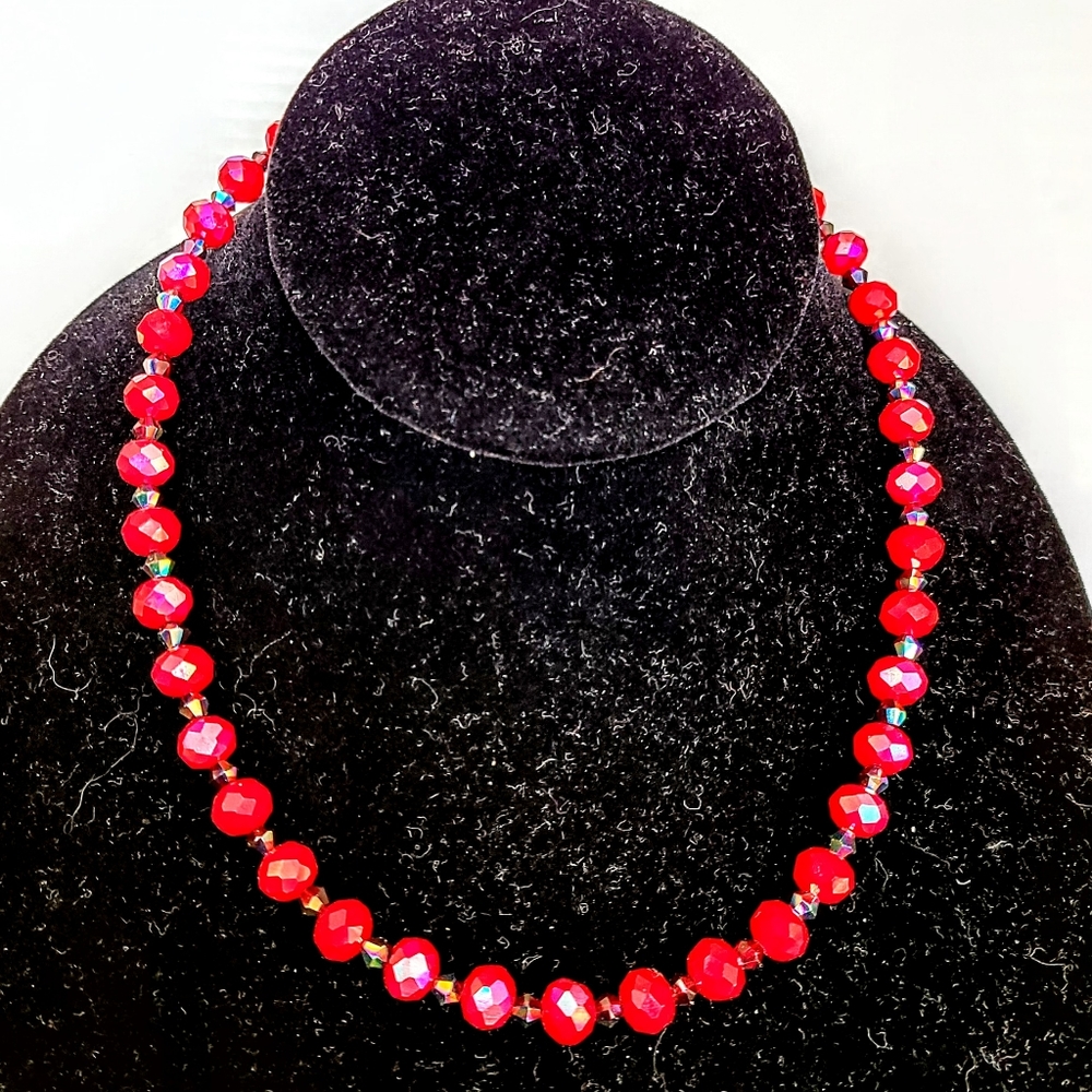 Handmade red and black crystal beads necklace 16 inches